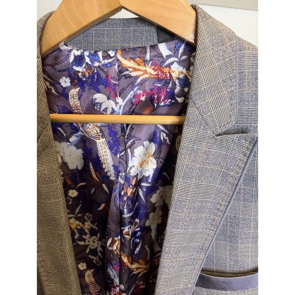 Ted Baker London Mens Blazer 42R Blue Glen Plaid Floral Lined Sport Coat